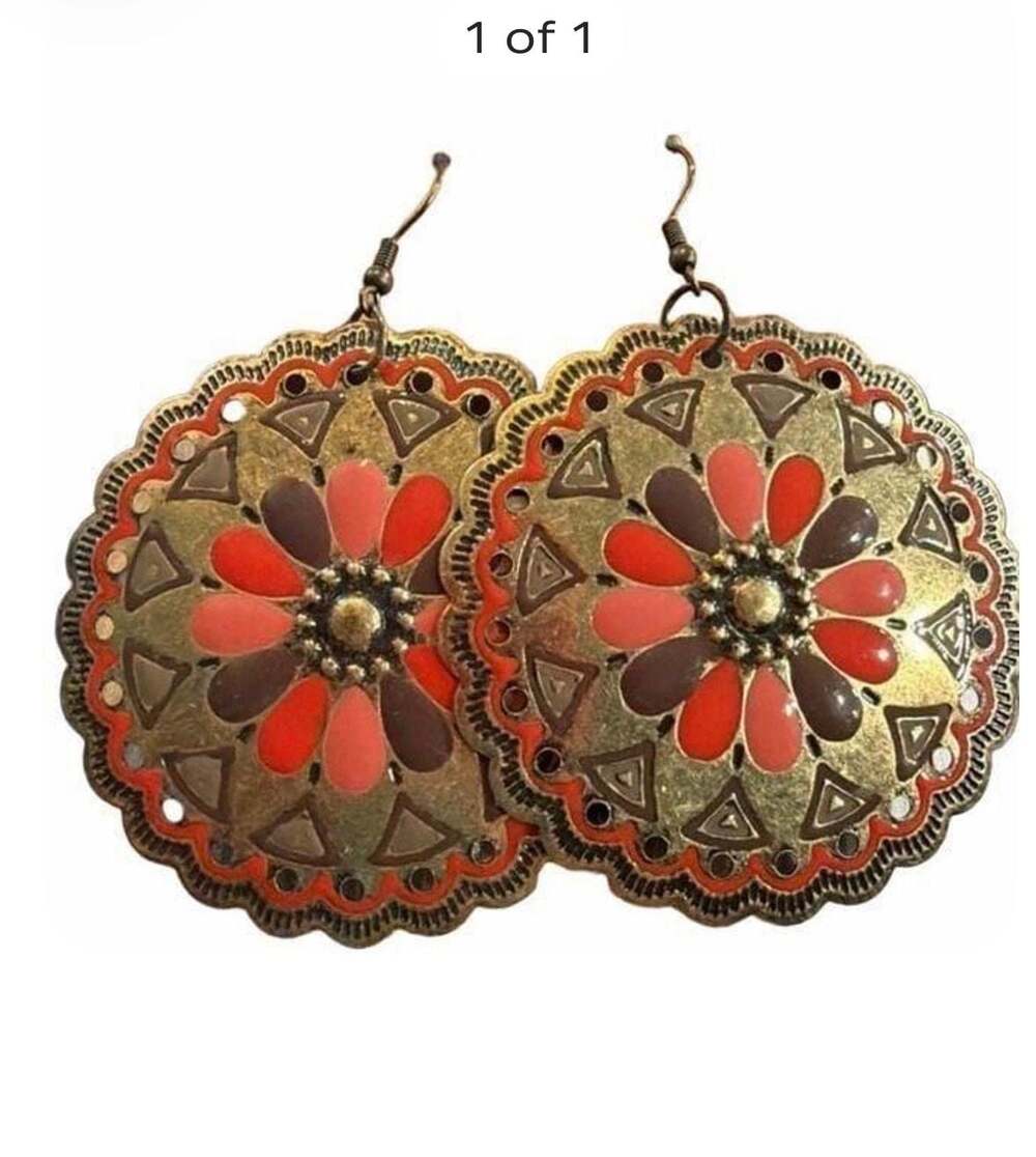 Rare Bohemian-style metal earrings with enamel floral design in Melon